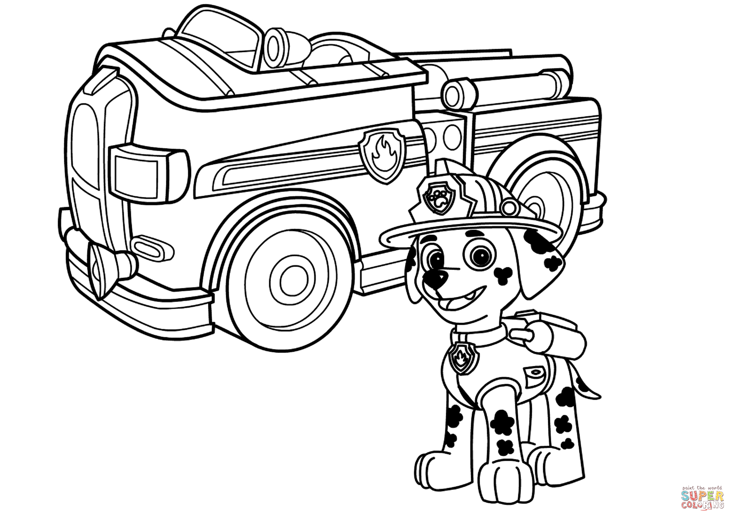 Paw Patrol Marshall With Fire Truck Coloring Page Free Printable