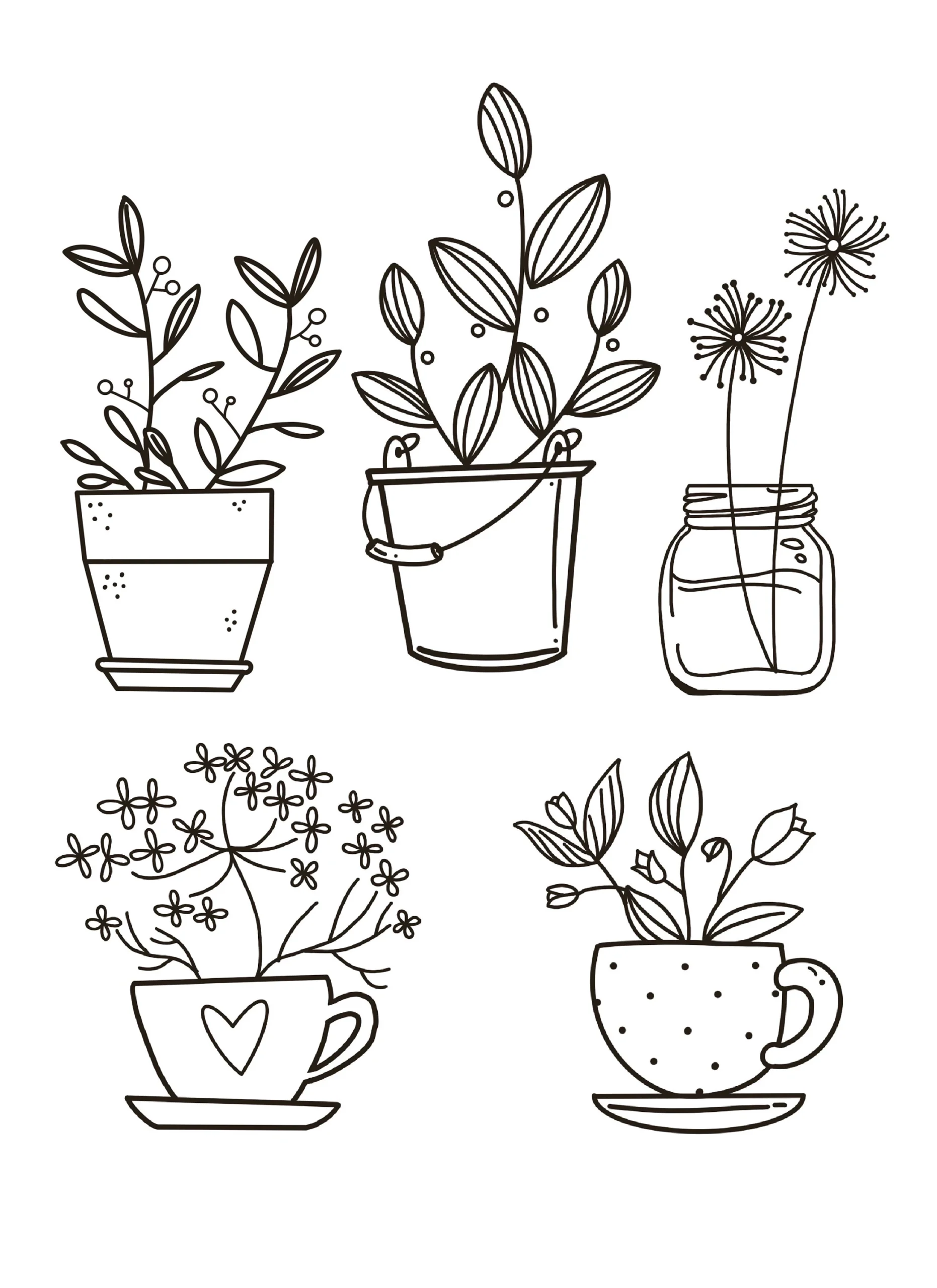 Plant Coloring Pages Simple Flowers Vases Cups PDF Download Etsy