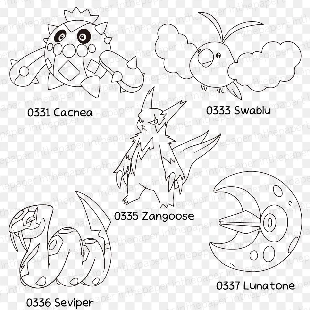 Pokemon Coloring Papers Kids PNG SVG Blackline Animal Book Plusle Minun Mawile Carvanha Zangoose Sableye Spoink Spinda Meditite Lunatone Etsy