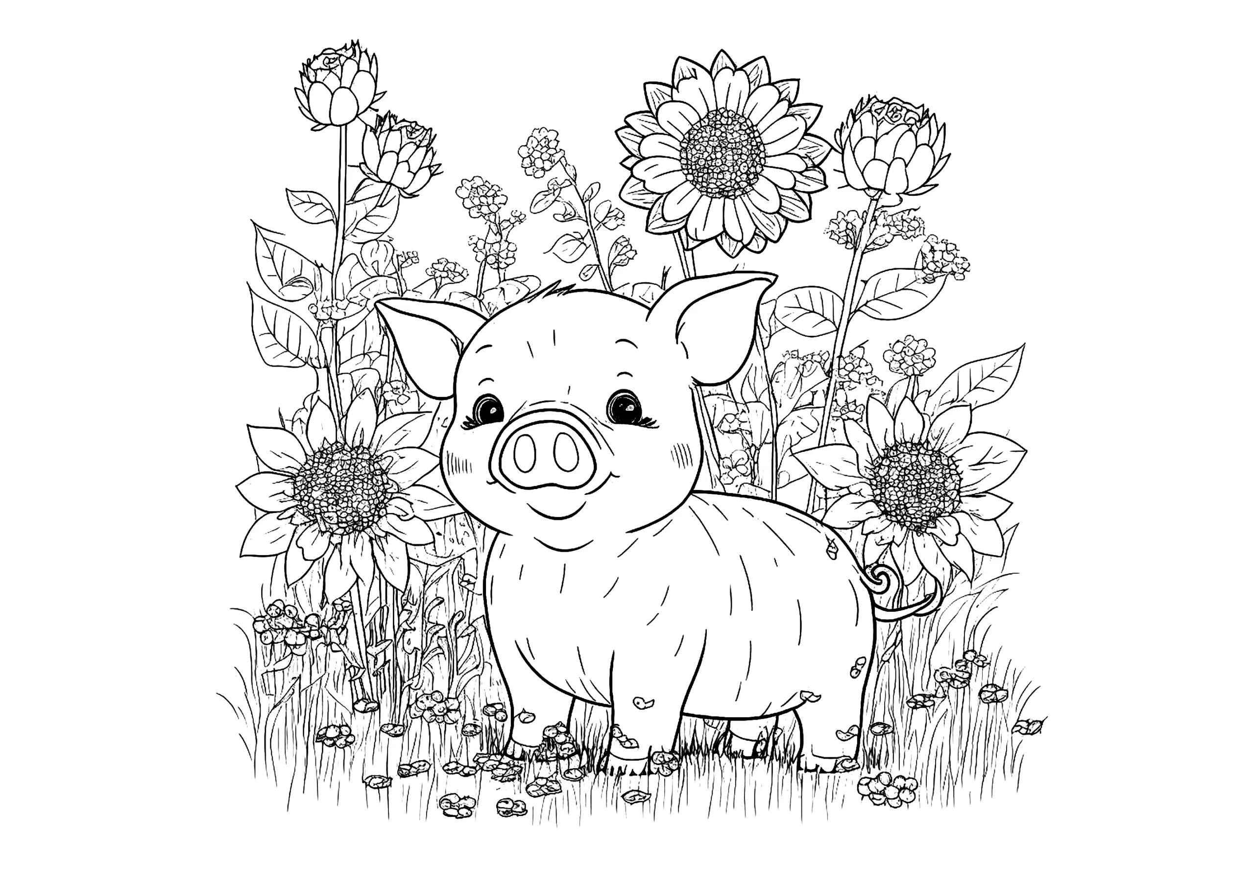 Pretty Pig And Flowers Pig Coloring Pages