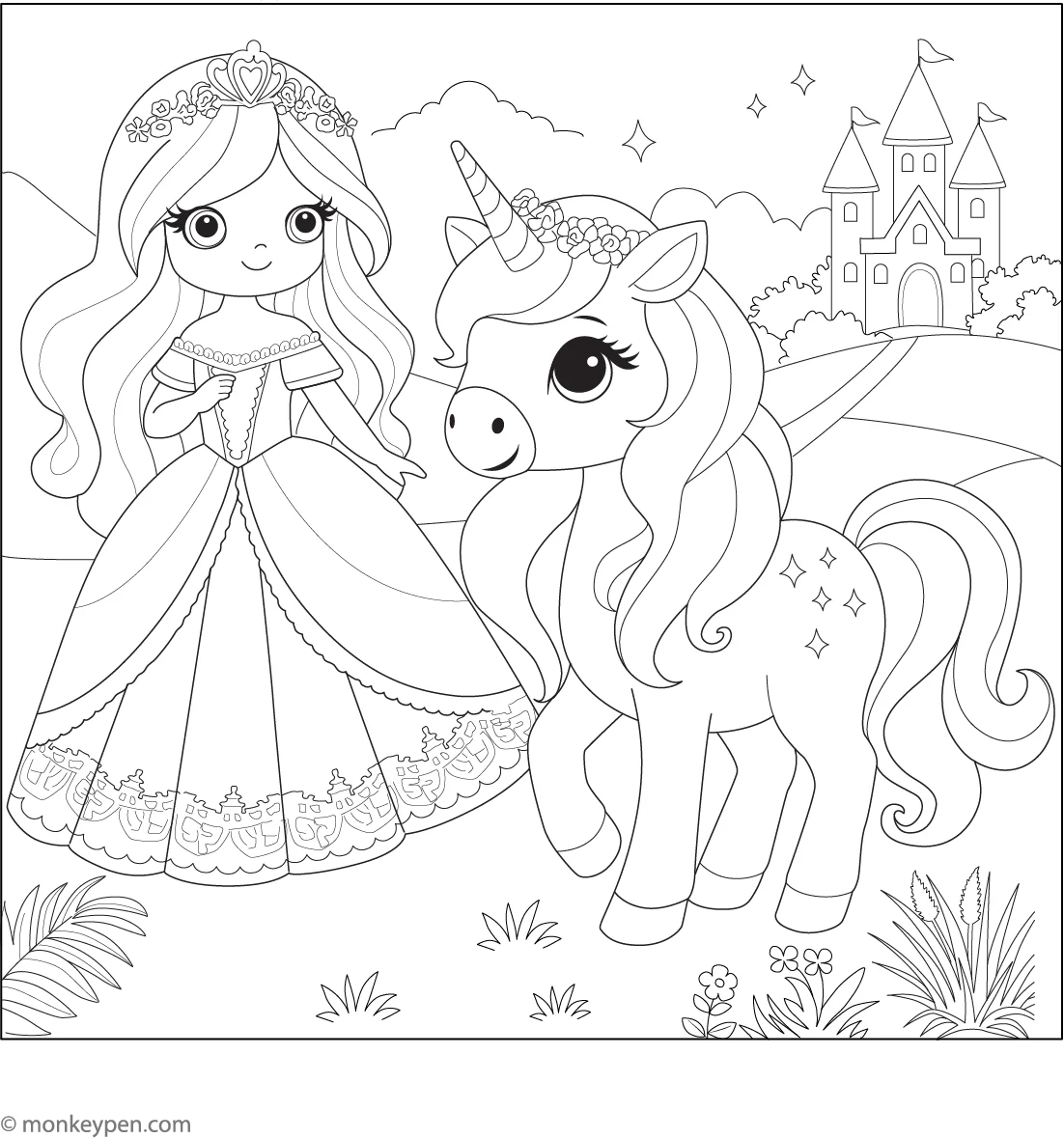 Princess And Unicorn Coloring Page