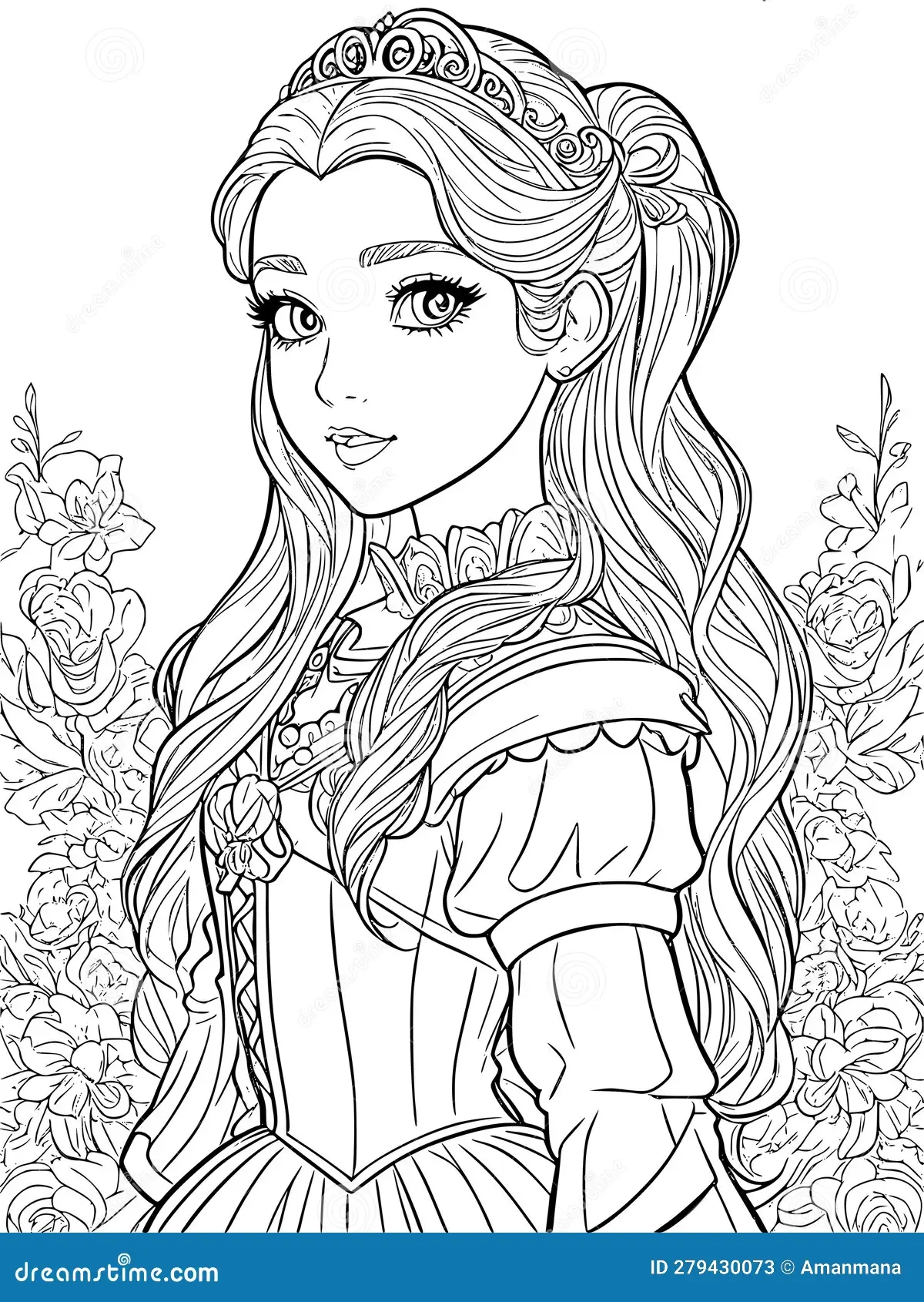 Princess Coloring Page Surrounded With Flowers And Ornaments Vector Line Art Illustration Isolated On White Background Stock Illustration Illustration Of Education Drawing 279430073
