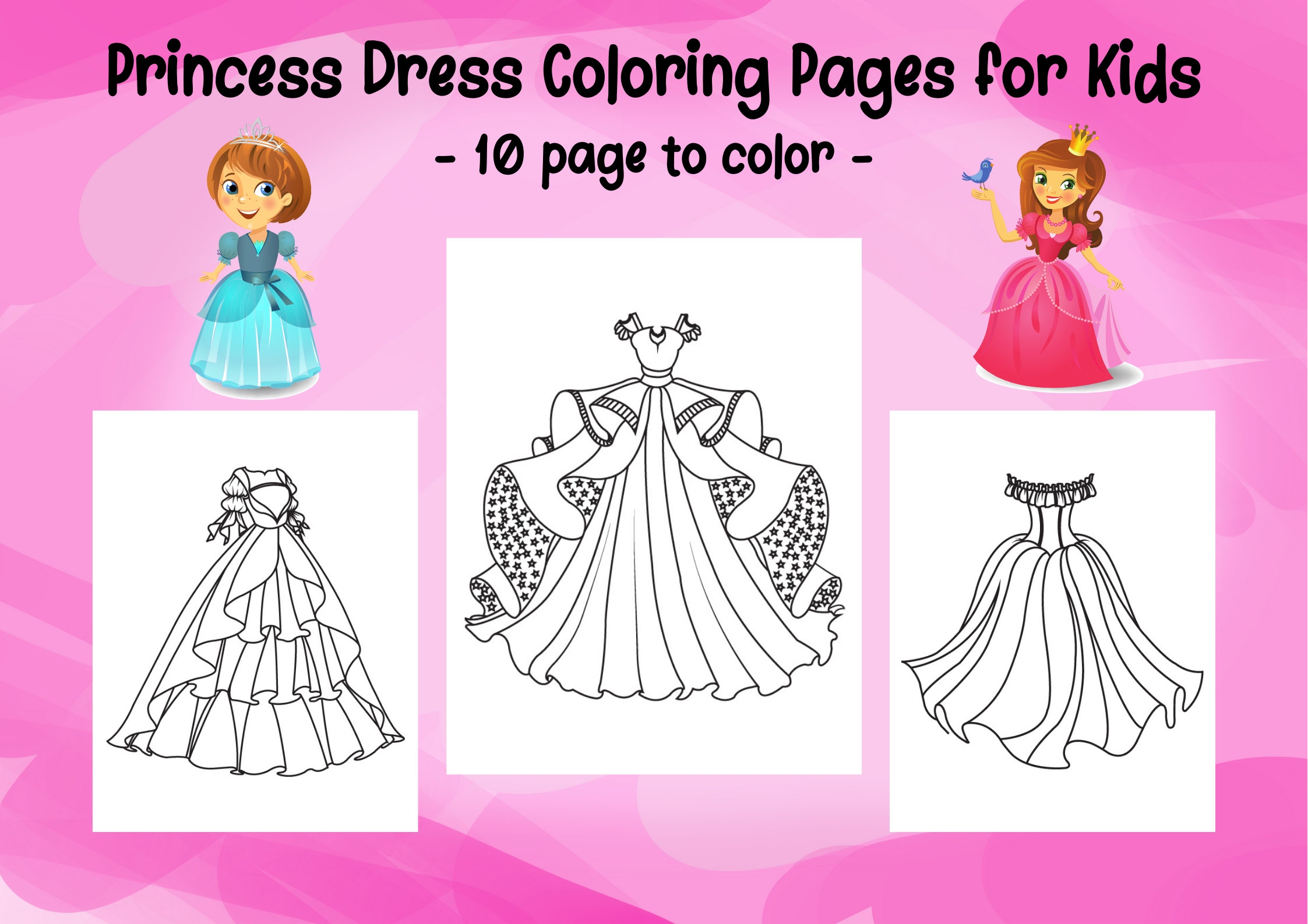 Princess Dress Coloring Pages For Girls 10 Printable Pages PDF File Digital Download Etsy