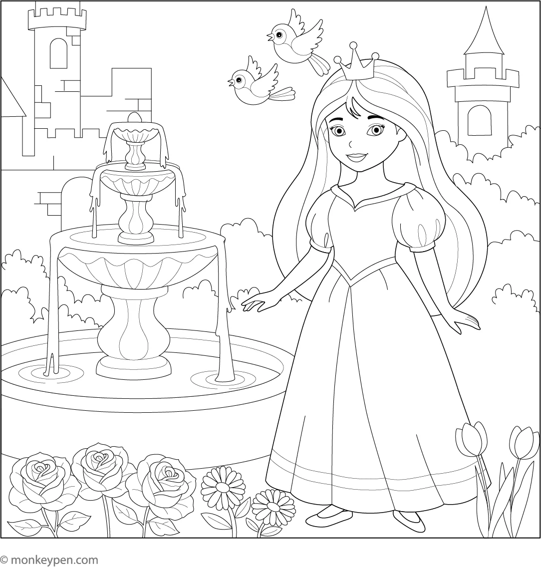 Princess In A Castle Garden Coloring Page Free Download