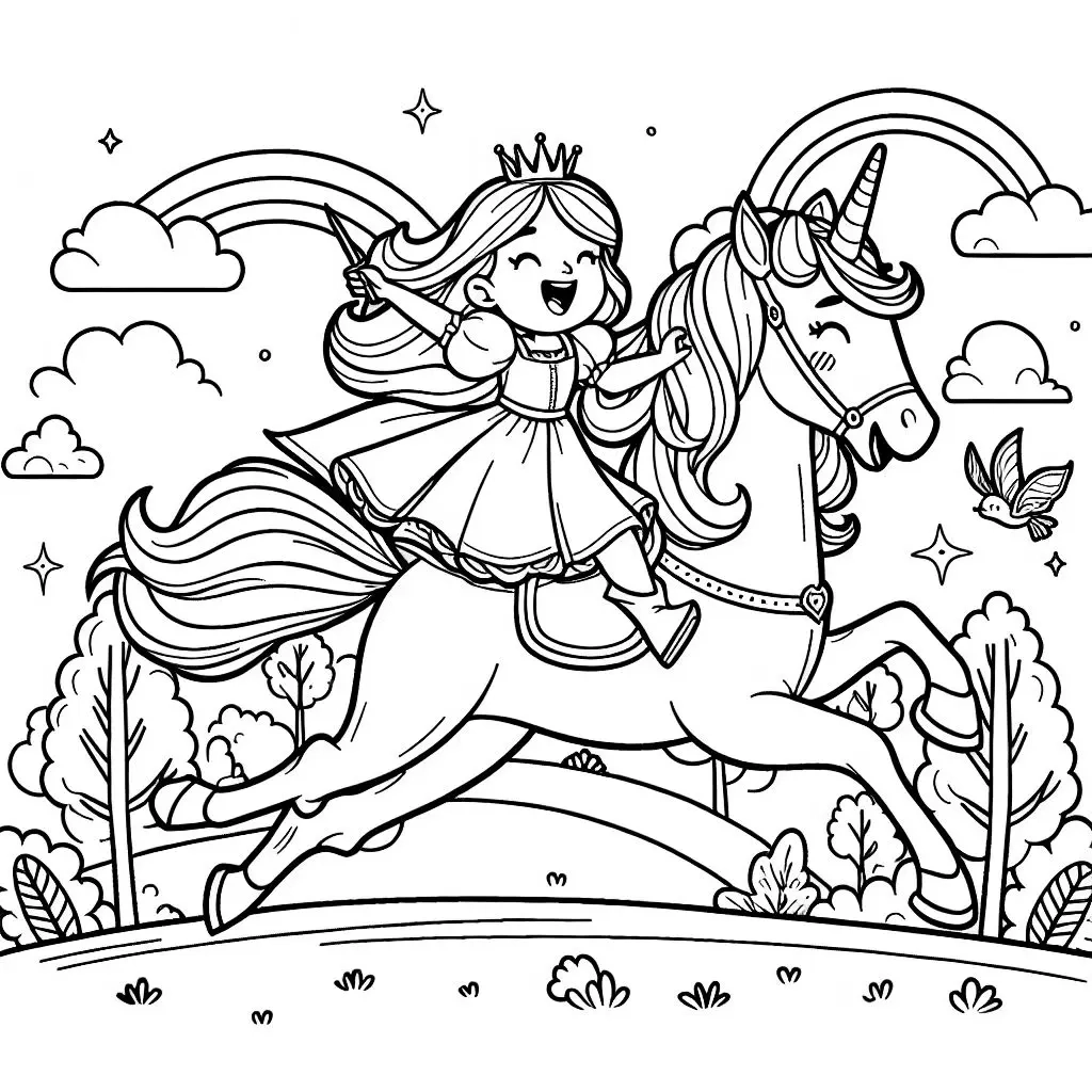 Princess Riding A Unicorn Coloring Page Bubbely