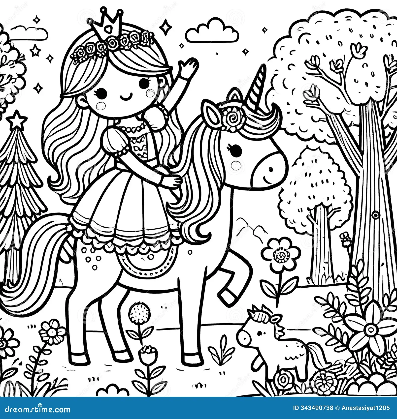 Princess Riding A Unicorn In A Magical Forest Coloring Page Stock Illustration Illustration Of Page Baby 343490738