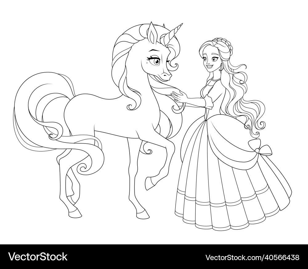 Princess With Unicorn Coloring Page Royalty Free Vector VectorStock