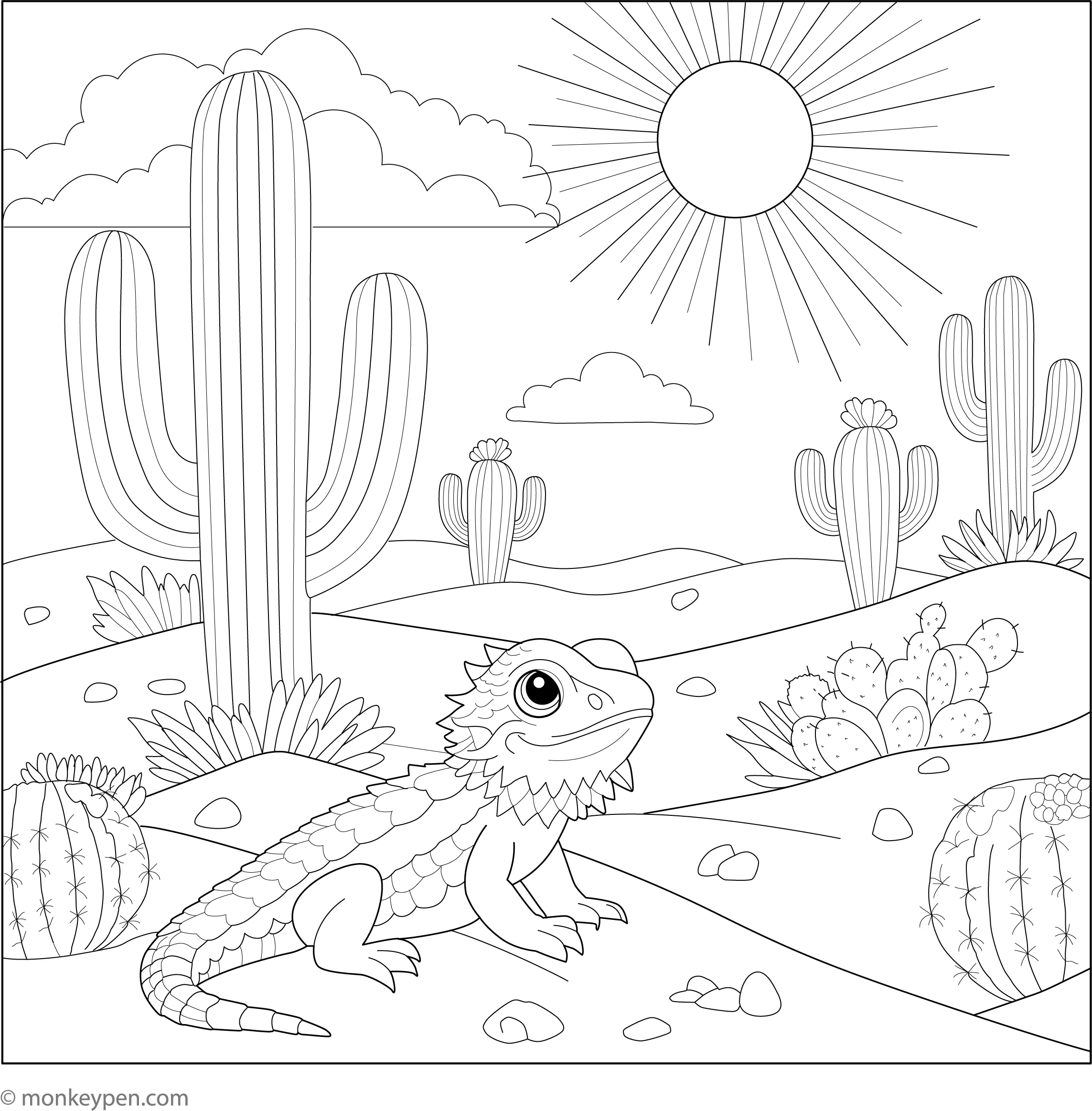 Printable Bearded Dragon In Desert Coloring Page Free PDF