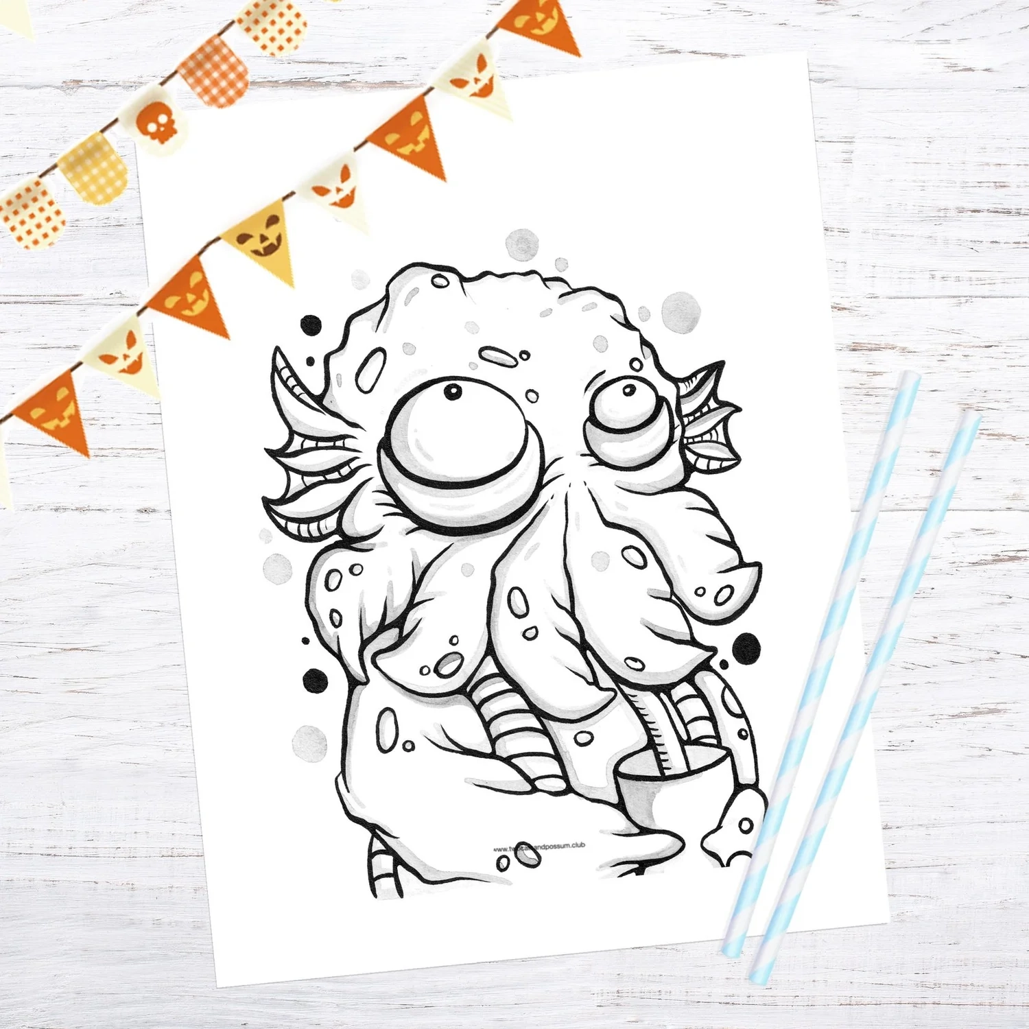 Printable Cute Cthulhu With Milkshake Halloween Coloring Page