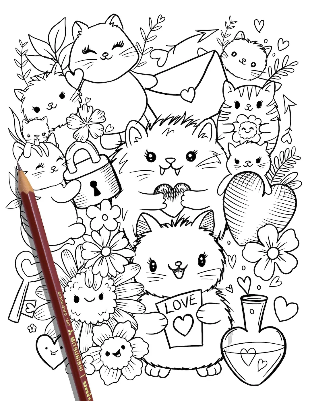 PRINTABLE Cute Kitty Cats Coloring Page Hand drawn Coloring Sheet Cat Doodles Coloring Page Kids Coloring Page Adult Coloring Etsy