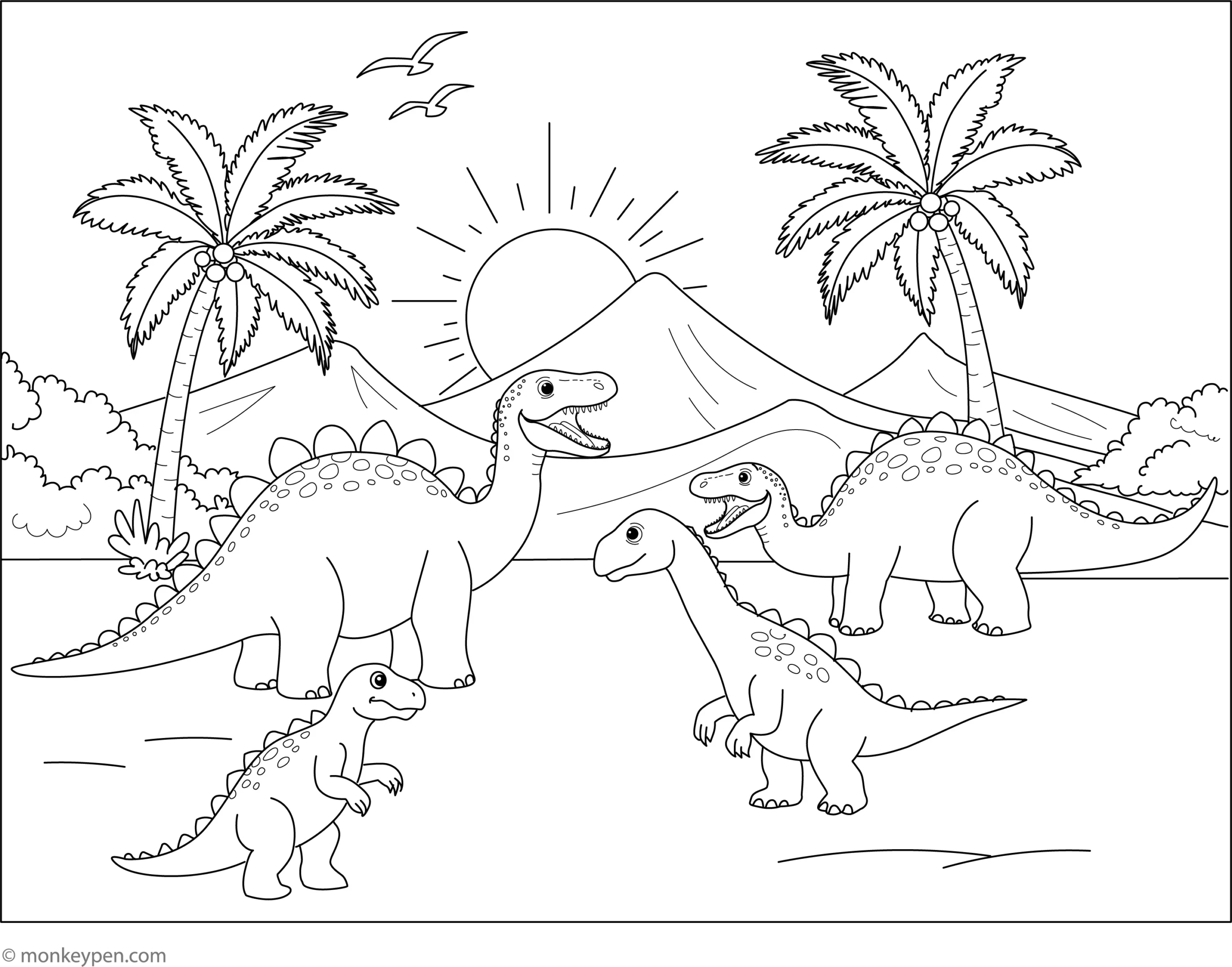 Printable Dinosaur Family At Play Coloring Sheet Free PDF