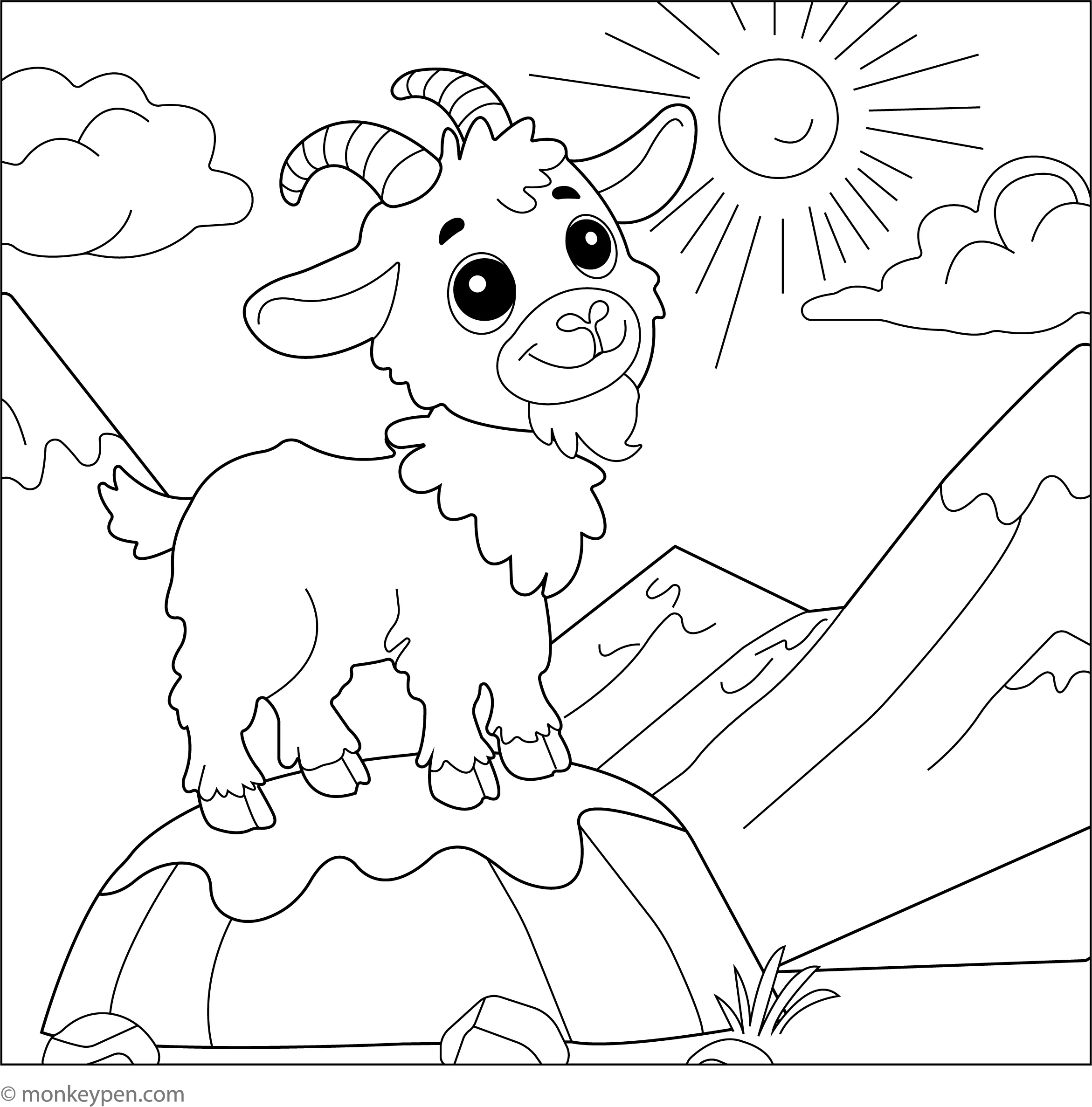 Printable Goat On A Mountain Coloring Page PDF For Children