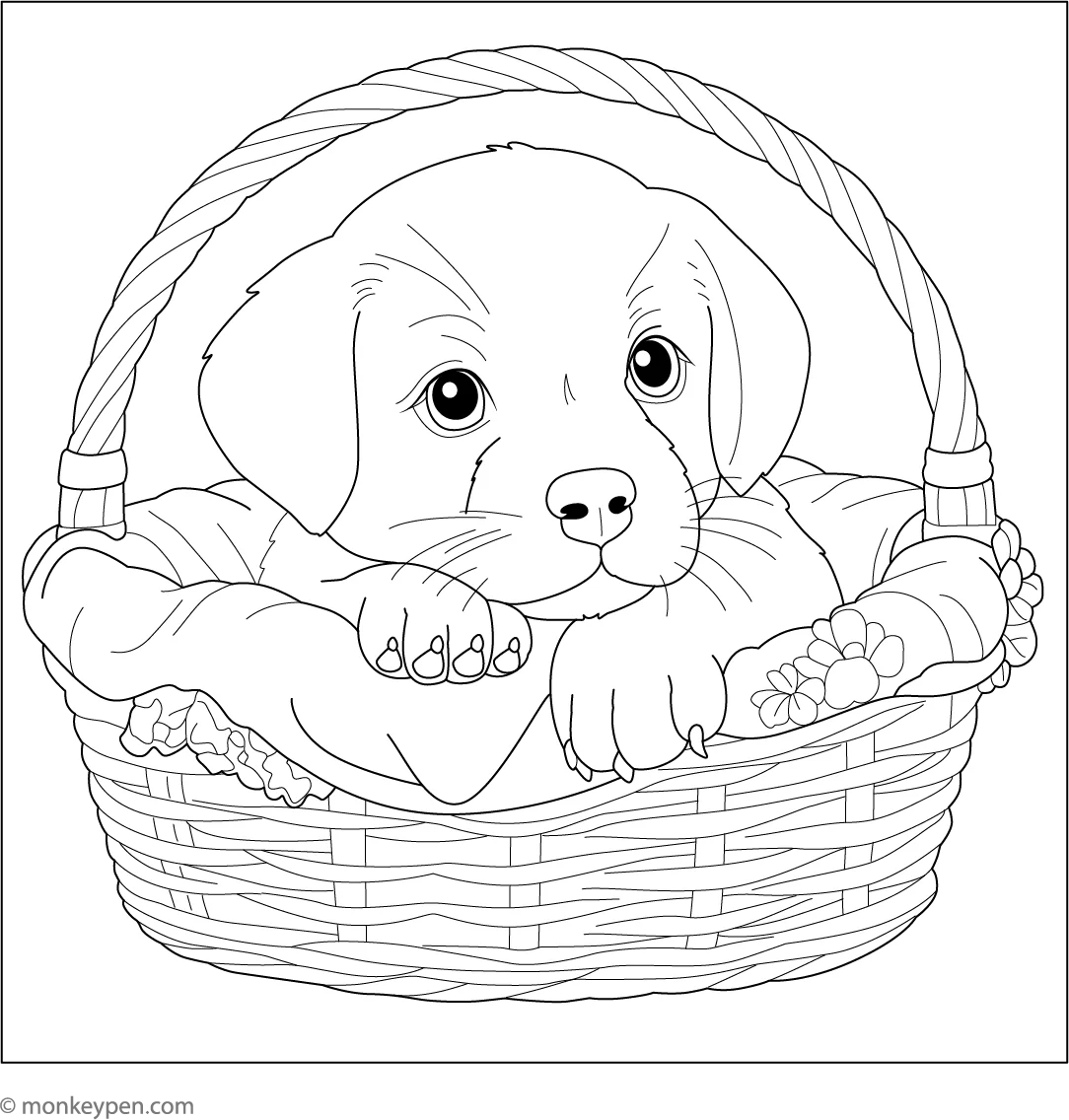 Puppy In A Basket Adorable Dog Coloring Page For Kids