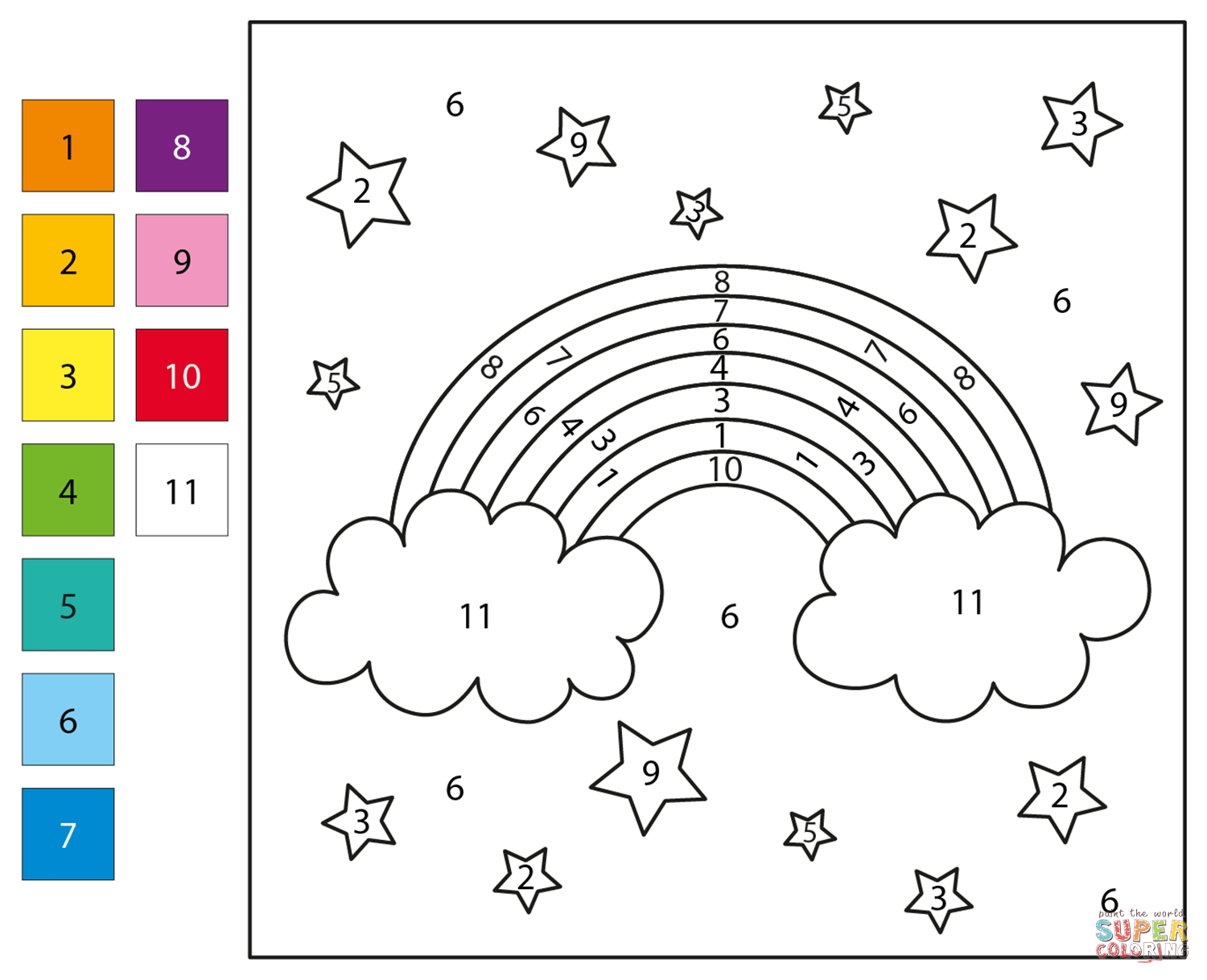 Rainbow Color By Number Coloring Page Free Printable
