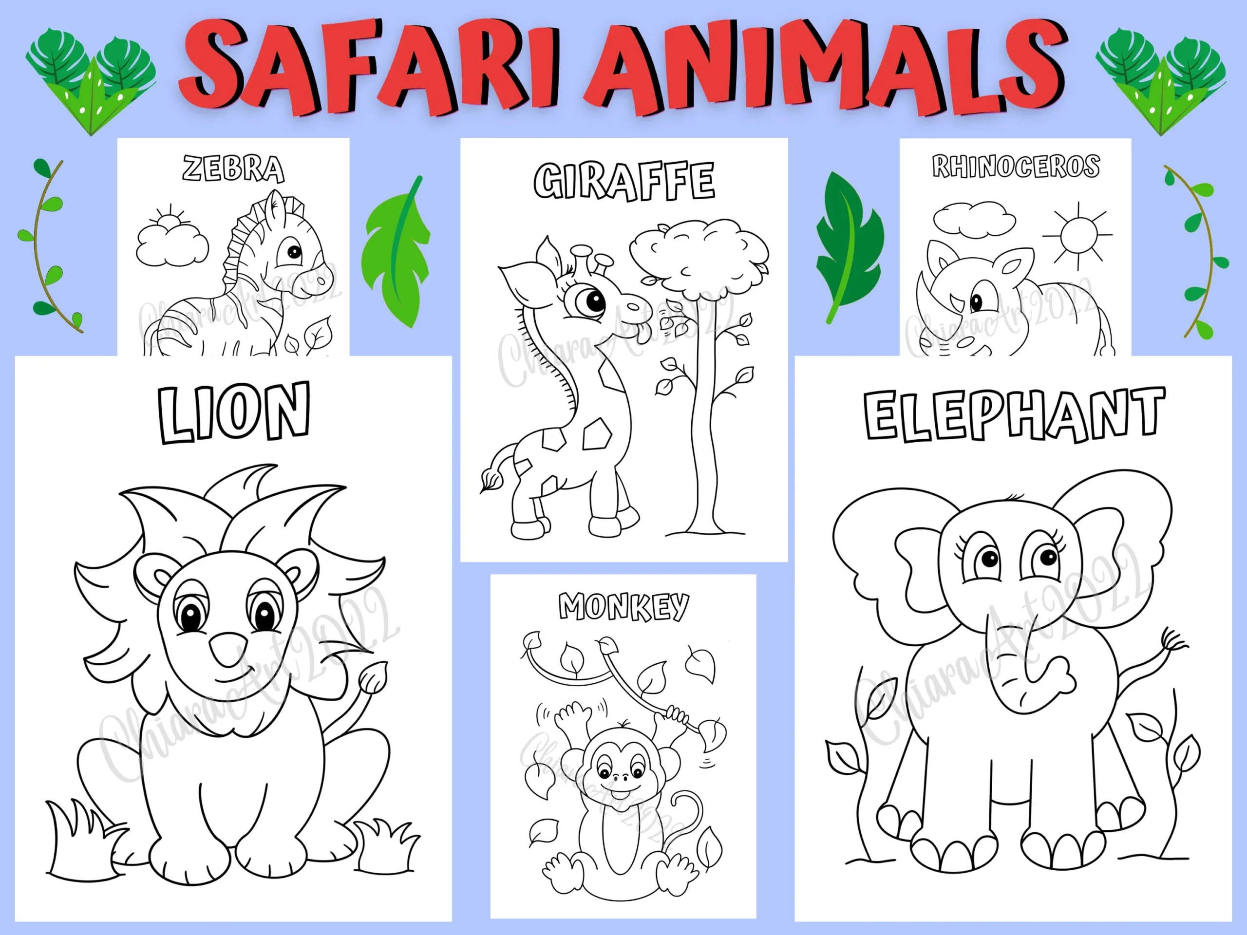Safari Animal Coloring Pages For Kids Printable Jungle Theme Birthday Party Easy Coloring Pages For Preschool And Up Animals With Names Etsy