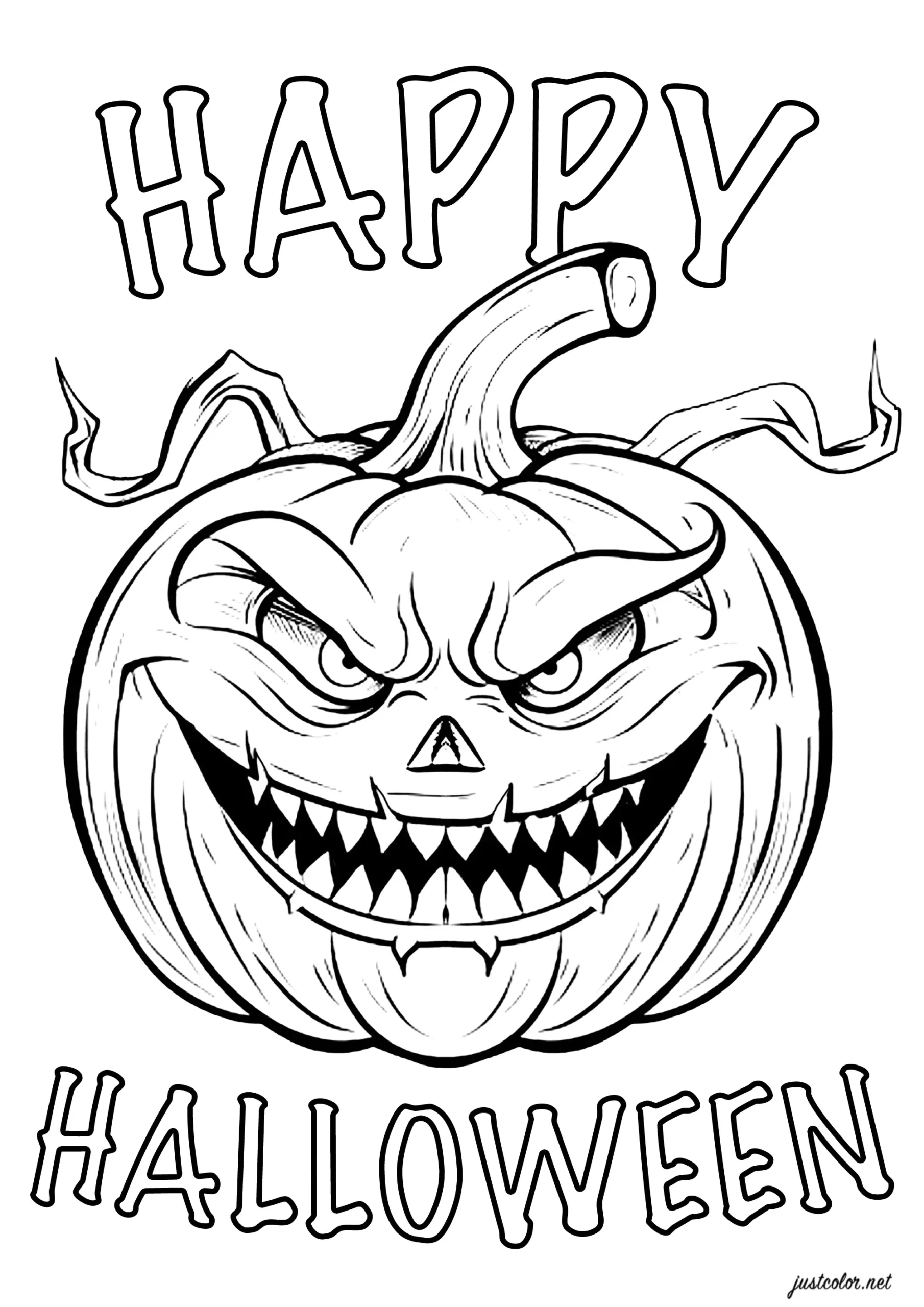 Scary Pumpkin With Text Halloween Coloring Pages For Kids