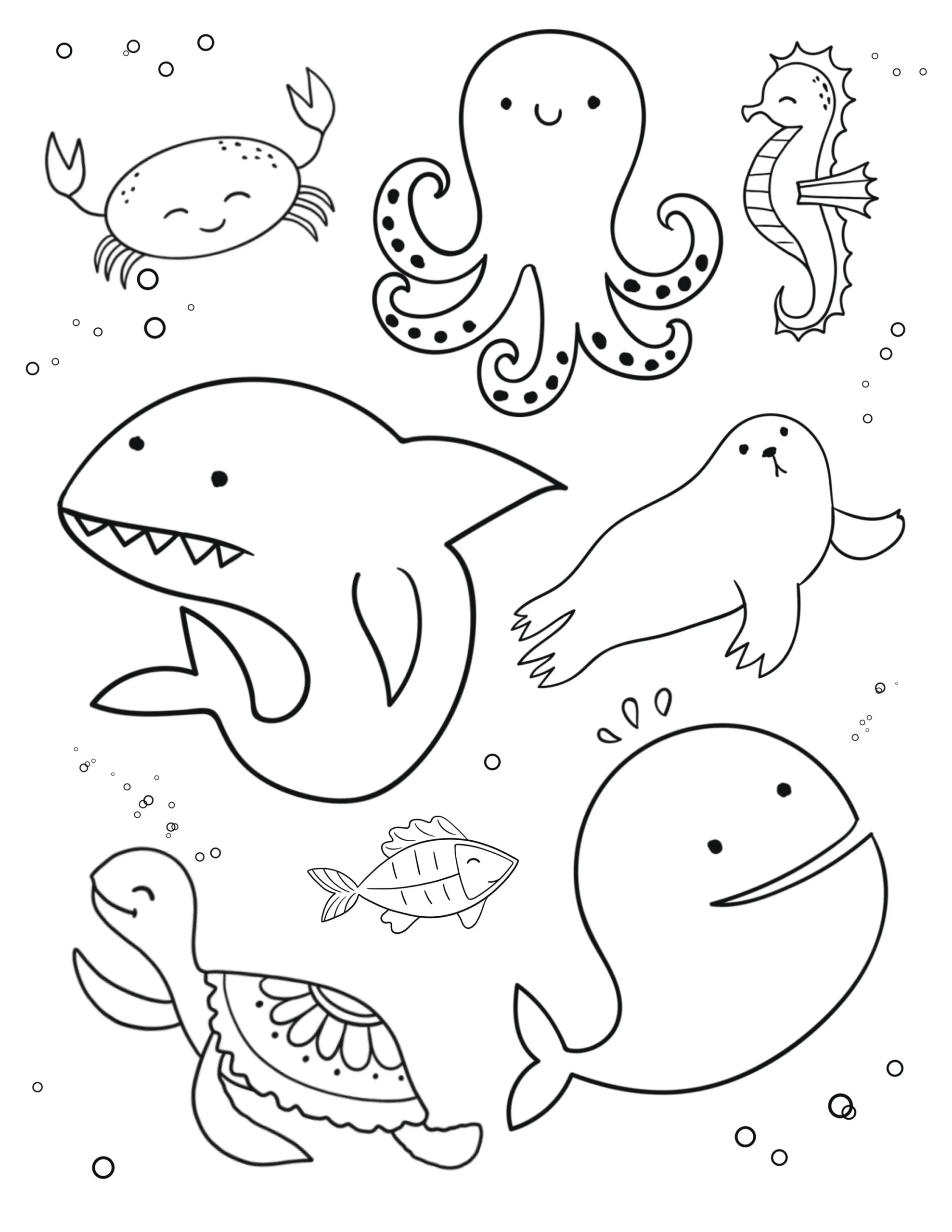 Sea Animal Coloring Page Ocean Life Printable PDF Shark dolphin octopus crab seahorse turtle seal Etsy Israel