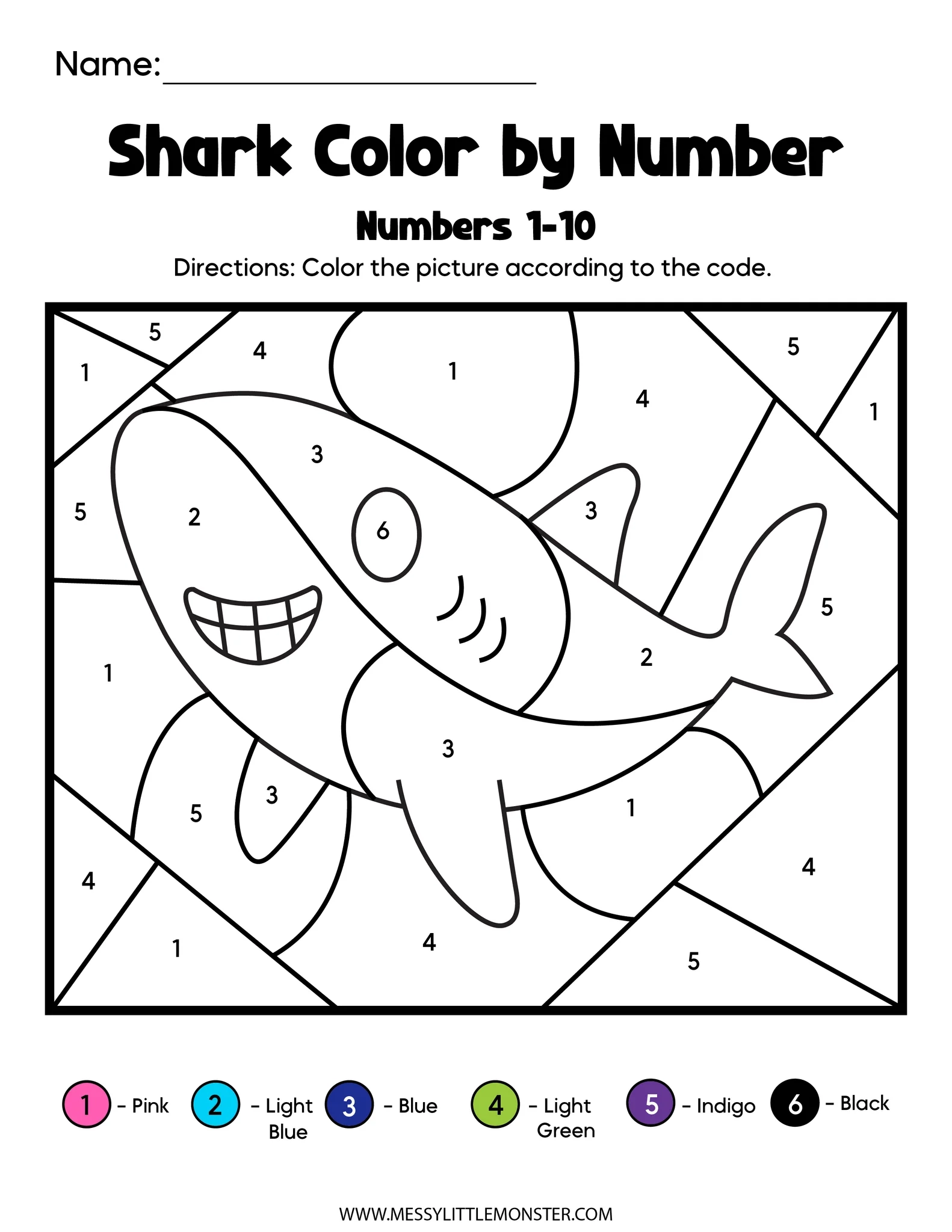 Shark Color By Number Sheets Messy Little Monster Shop