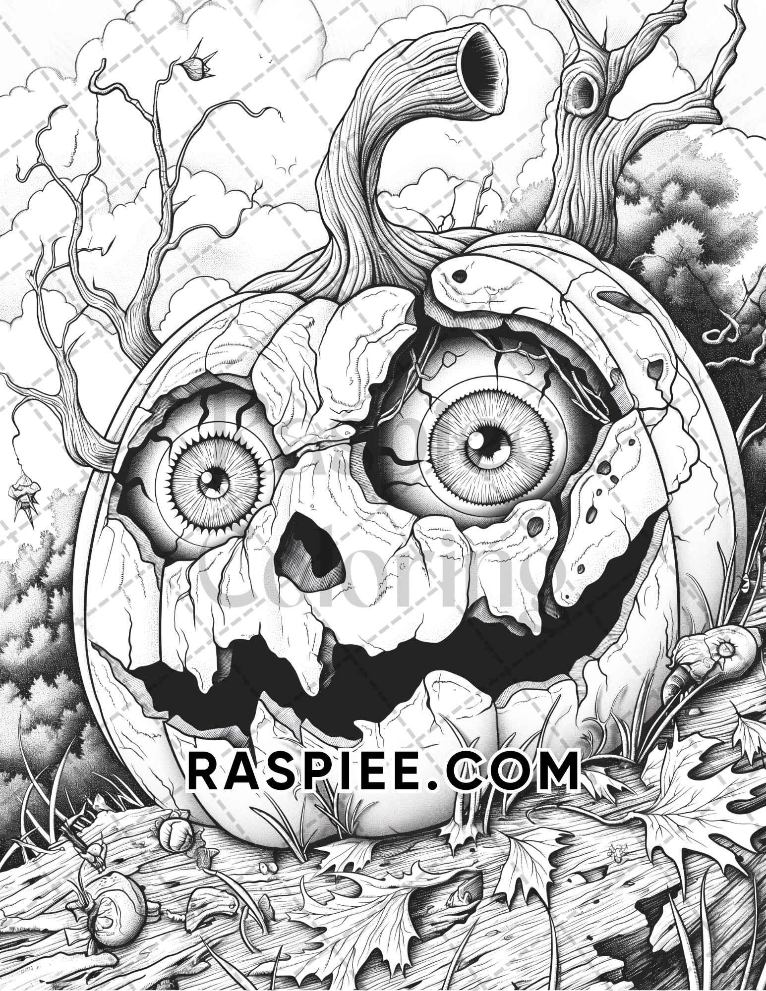Spooky Pumpkin Halloween Adult Coloring Pages Printable PDF Instant Do RASPIEE