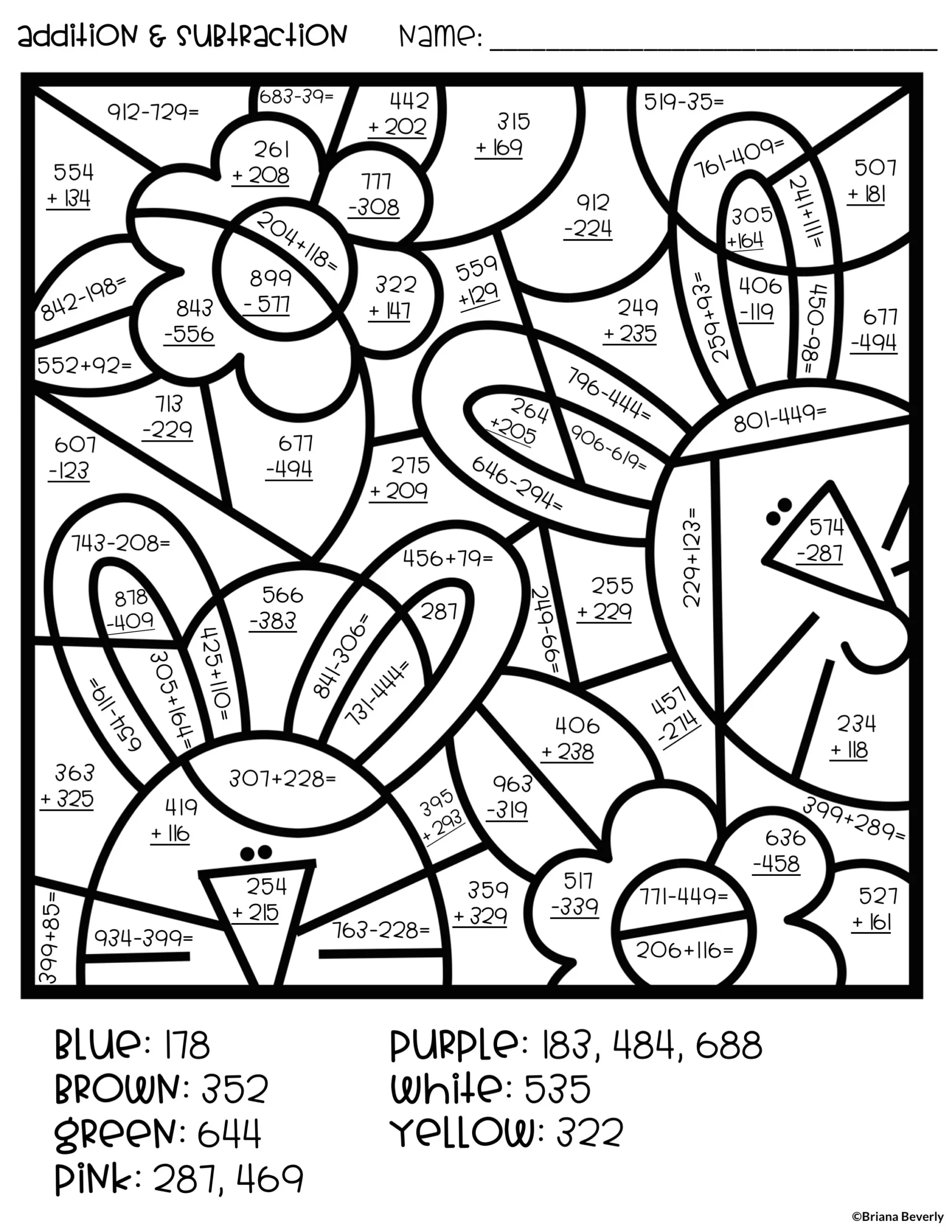 Spring Color By Number Triple Digit Addition Subtraction Teaching With Briana Beverly