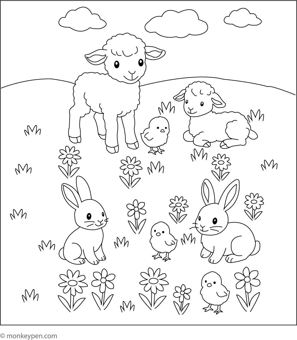 Spring Meadow With Baby Animals Free Coloring Page PDF Spring Meadow With Baby Animals Free Coloring Page PDF