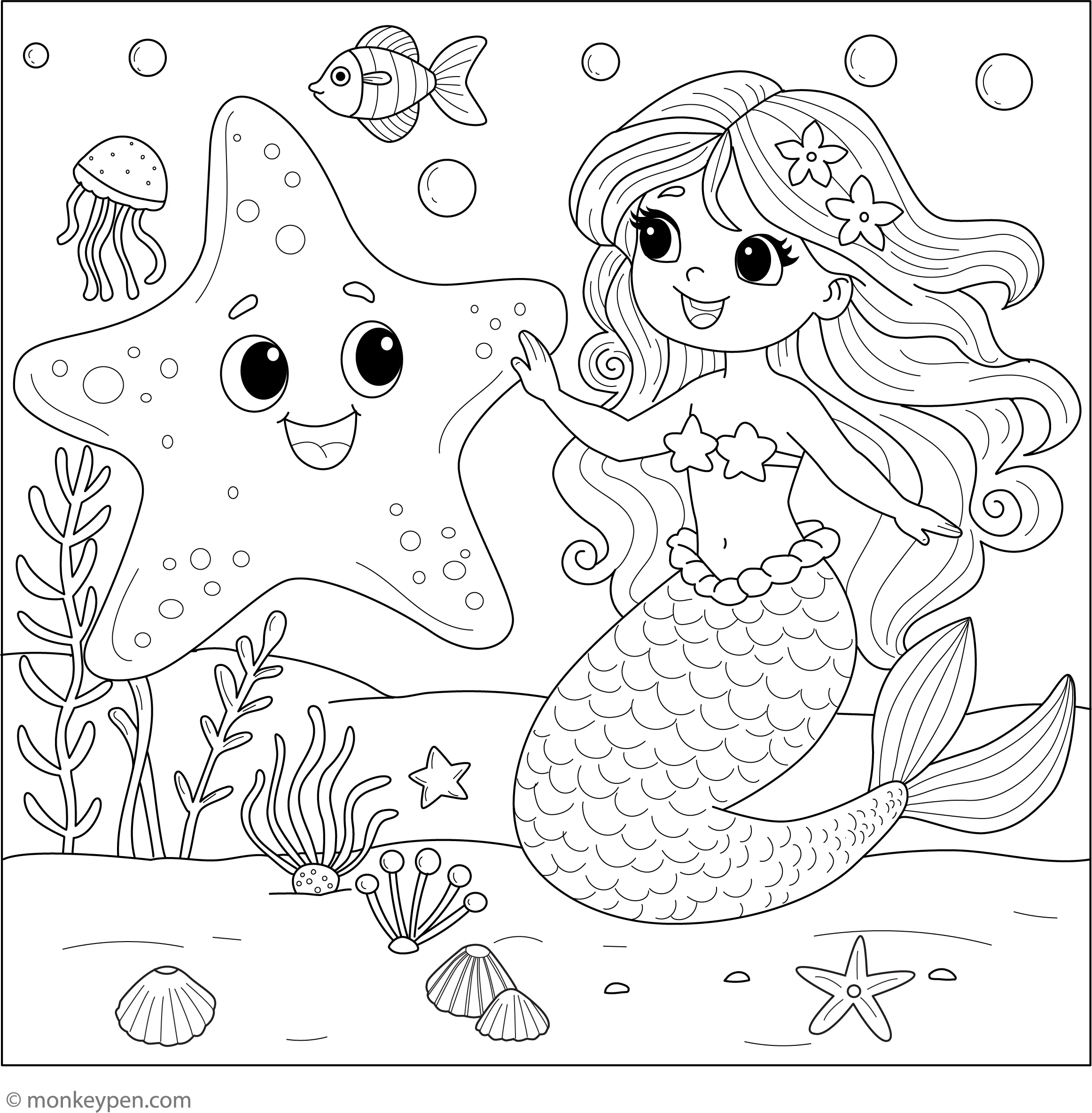 Starfish And A Mermaid Coloring Page Free Printable PDF