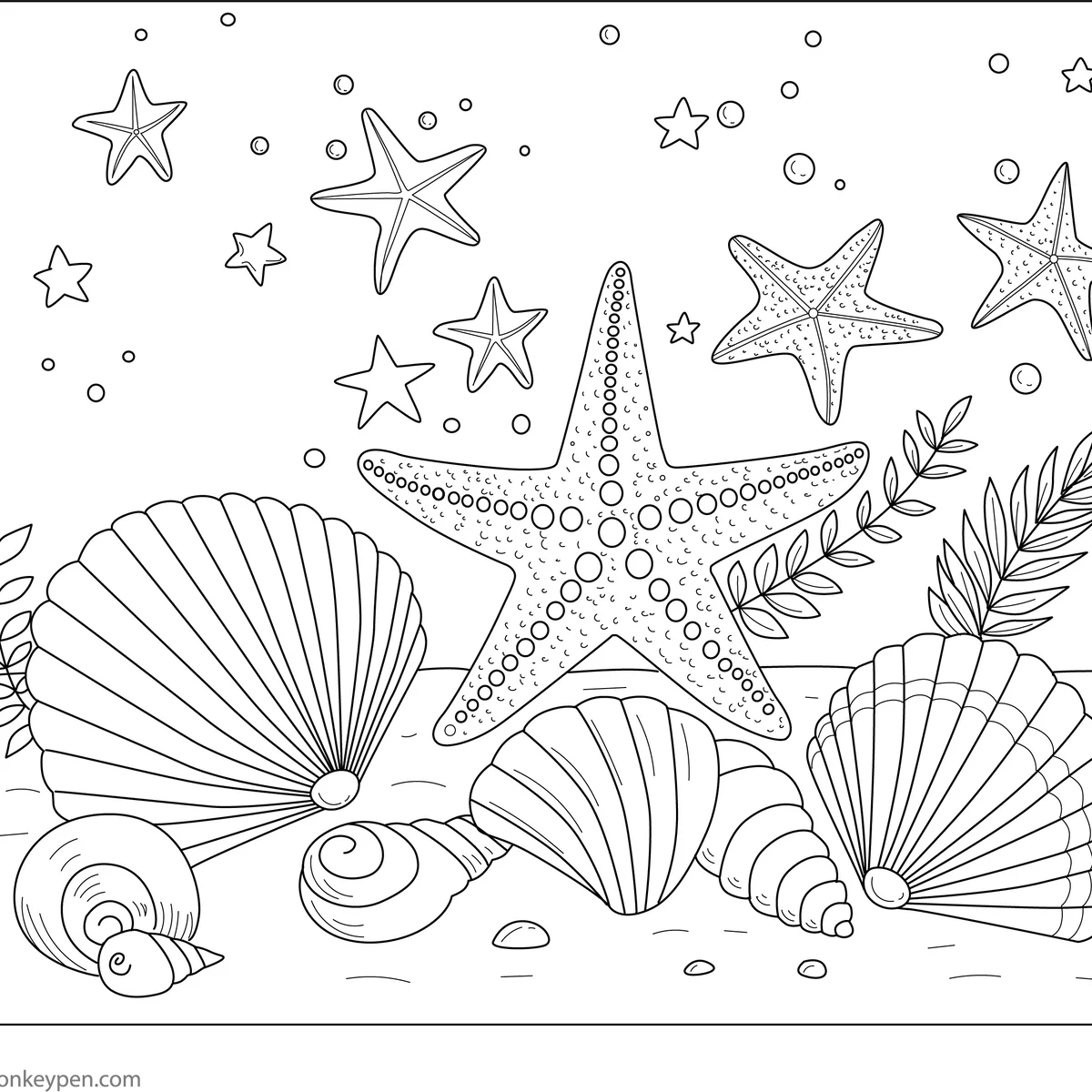 Starfish And Seashells Free Printable Coloring Page