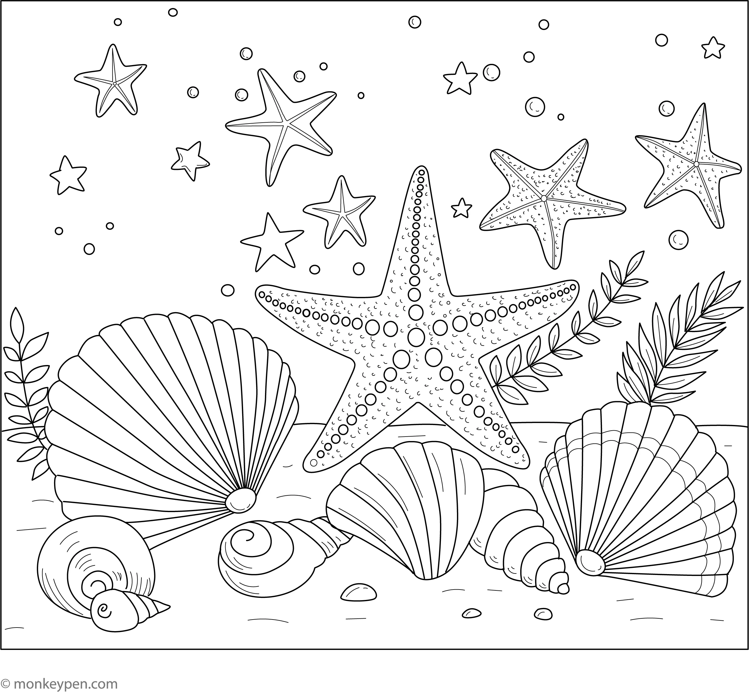 Starfish And Seashells Free Printable Coloring Page