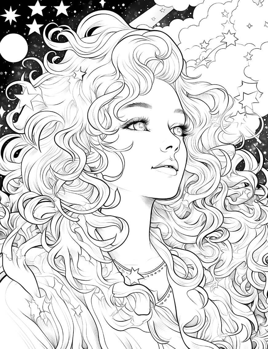 Starry Muse Coloring Page Celestial Beauty Printable Art Download Infinite Visibility