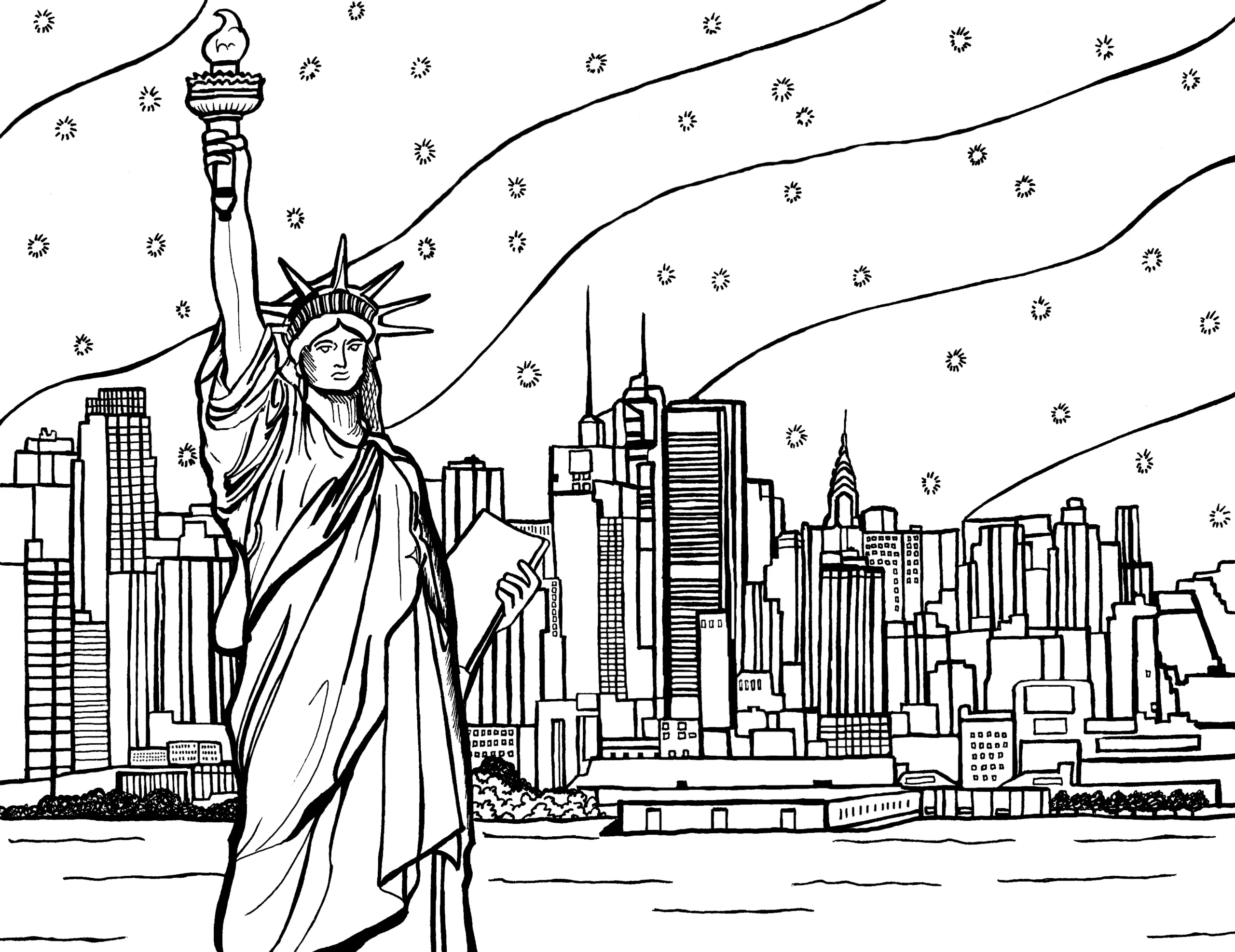 Statue Of Liberty And New York City Skyline Free Coloring Page You Color