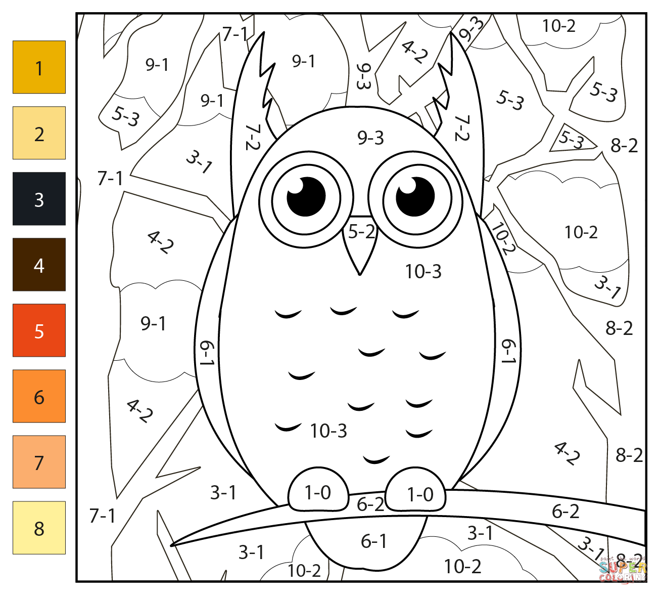 Subtraction Color By Number Owl Coloring Page Free Printable