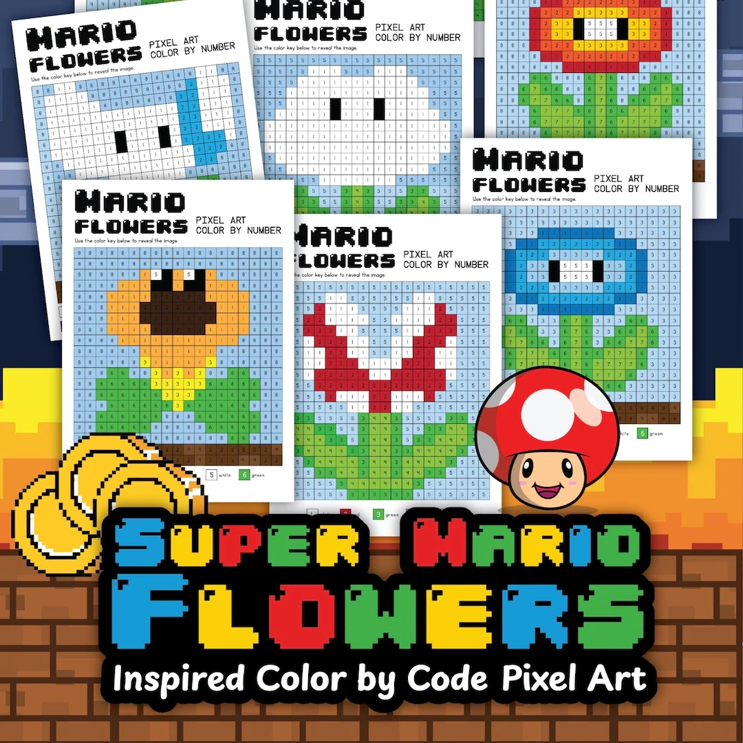 Super Mario Flowers Color By Number Pixel Art Etsy