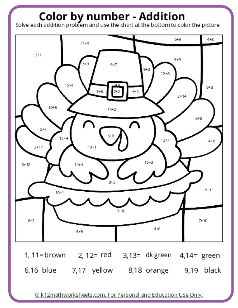 color by number addition worksheets