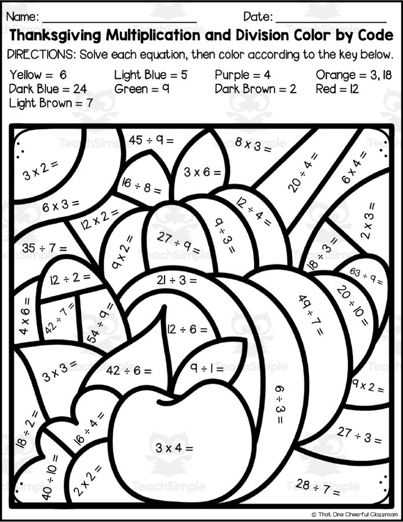 Thanksgiving Multiplication Division Color By Code By Teach Simple