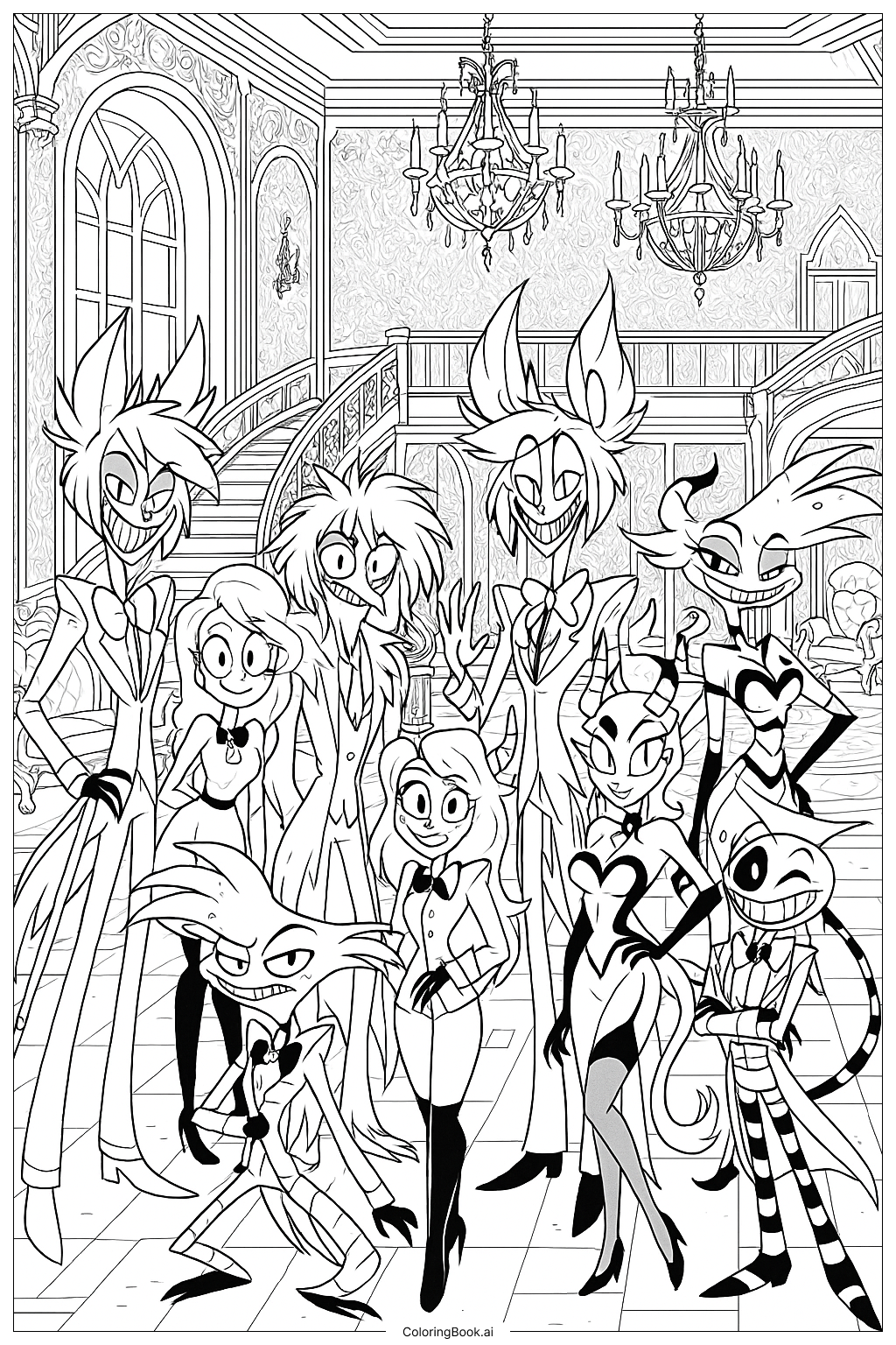 The Full Cast Of The Hazbin Hotel Coloring Page Free PDF PNG Printable 