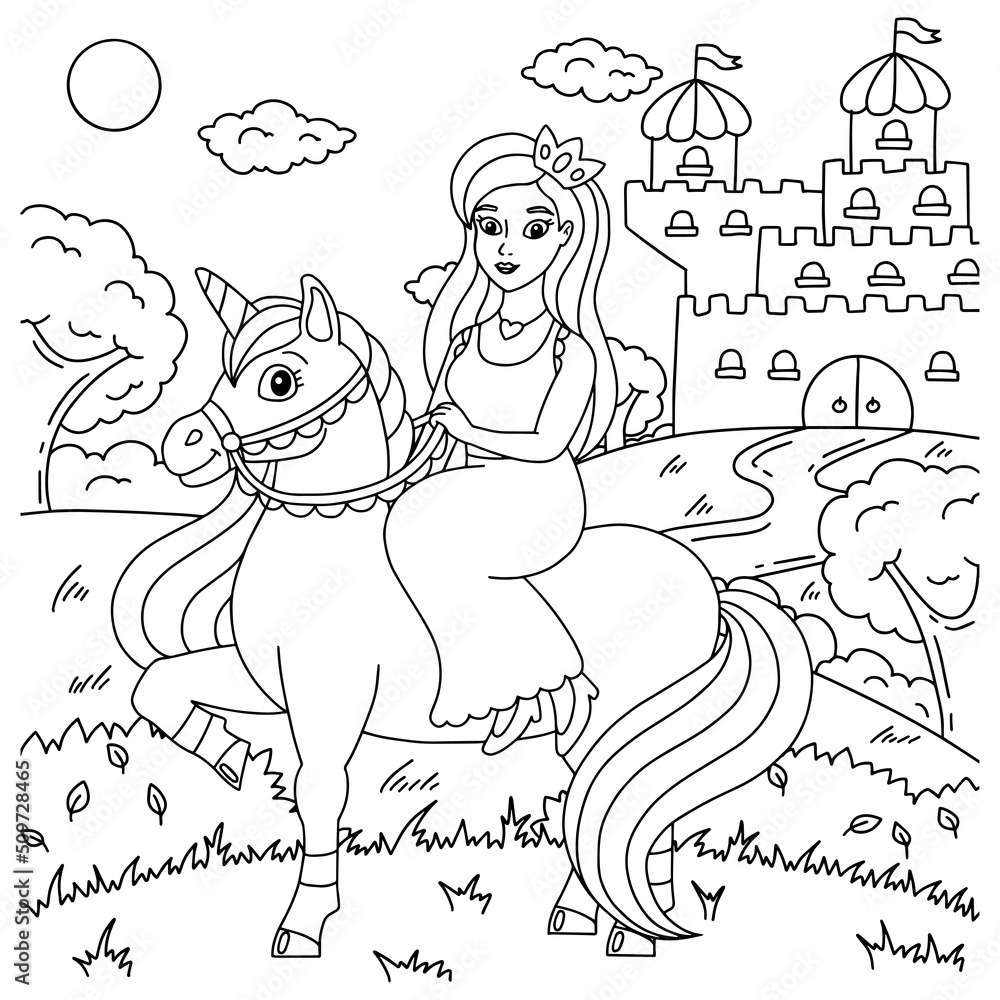 The Princess Is Riding A Unicorn Coloring Book Page For Kids Cartoon Style Character Vector Illustration Isolated On White Background Stock vektor Adobe Stock