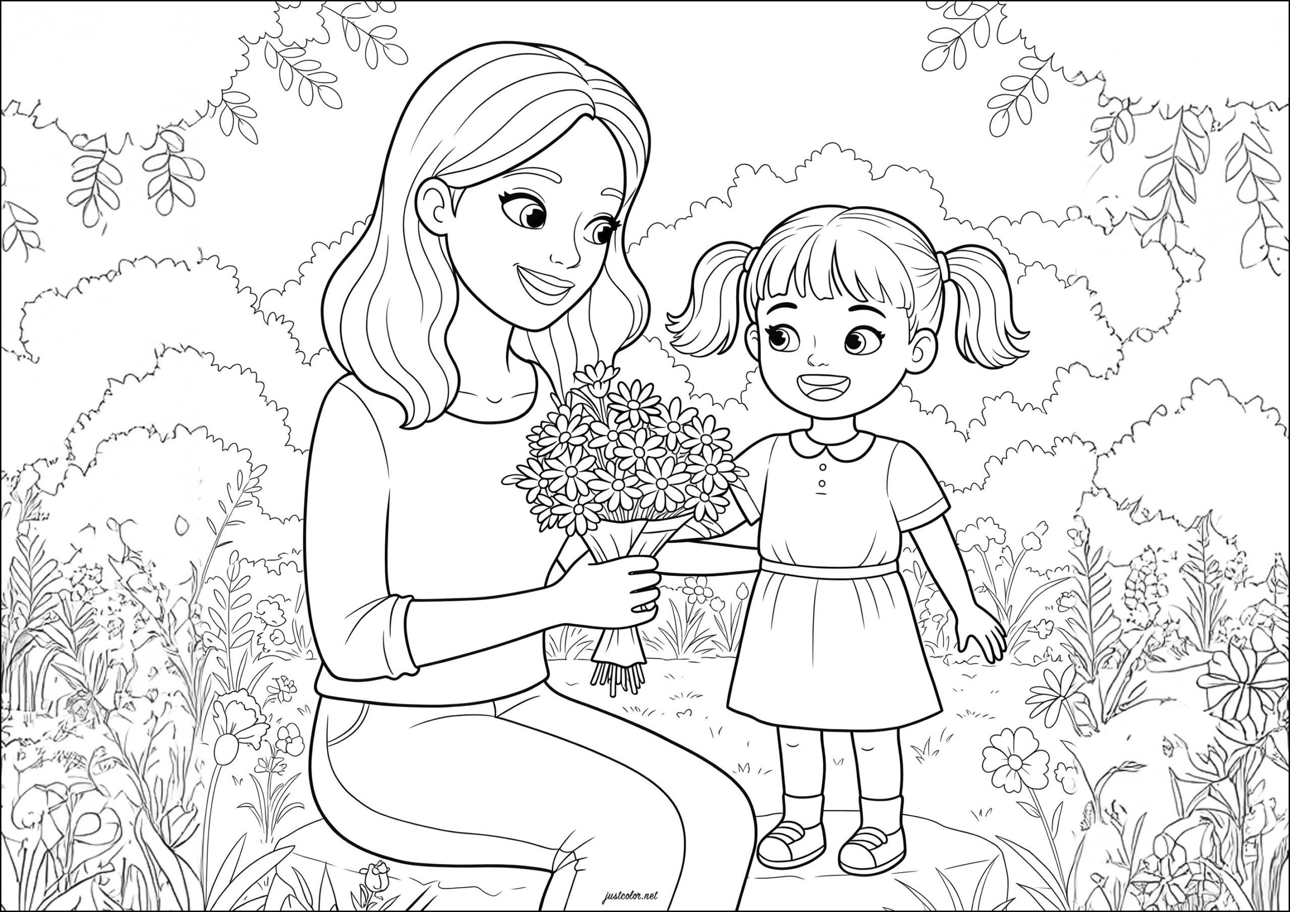 This Little Girl Gives Flowers To Her Mother Mother s Day Coloring Pages