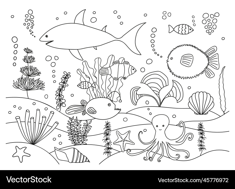 Underwater Sea Animal Coloring Page Royalty Free Vector VectorStock