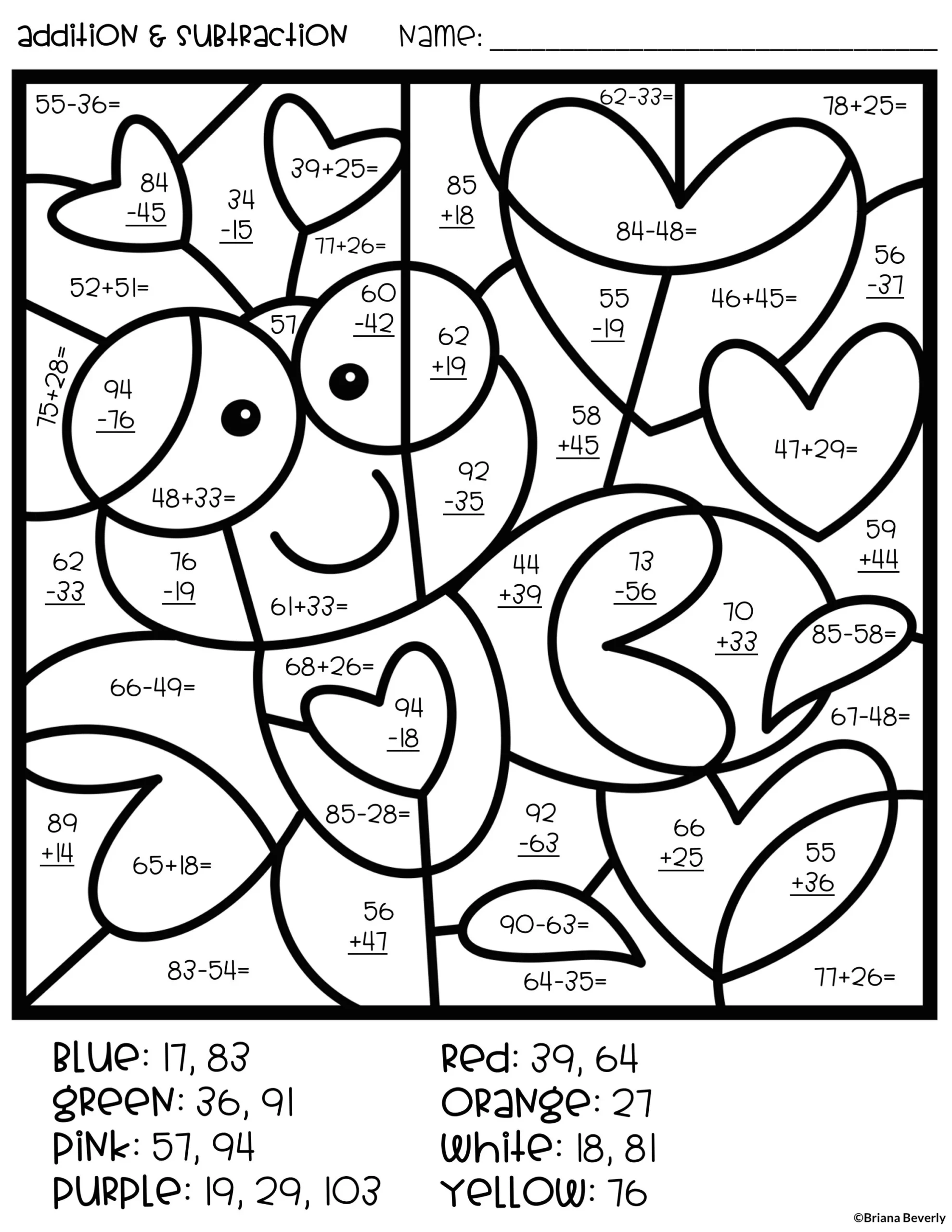 Valentines Day Color By Number Double Digit Addition Subtraction Teaching With Briana Beverly