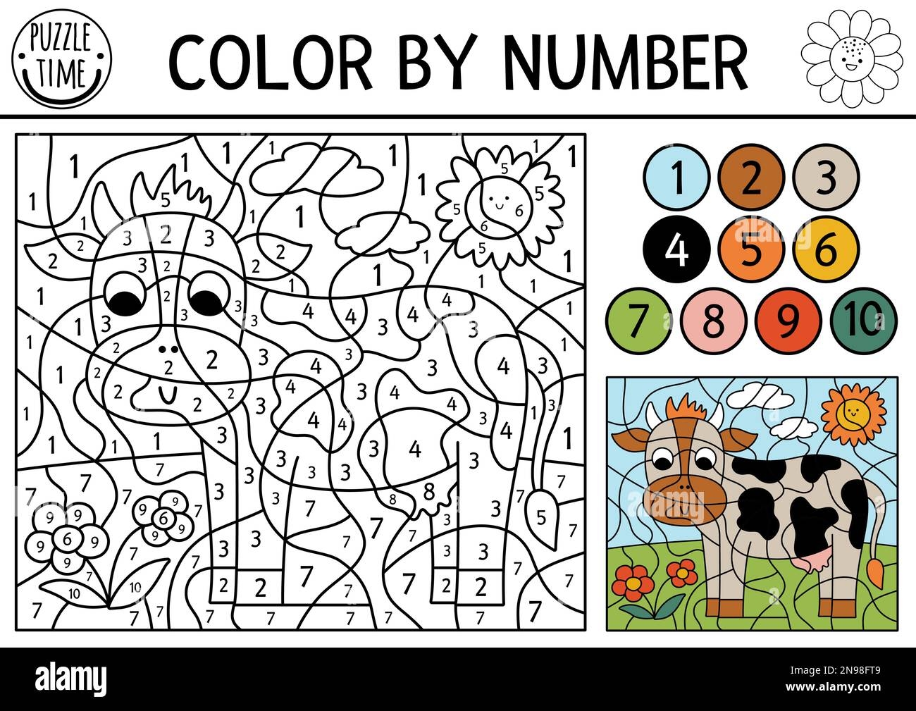 Vector On The Farm Color By Number Activity With Cow In The Meadow Rural Country Scene Black And White Counting Game With Farm Animal Coloring Page Stock Vector Image Art 