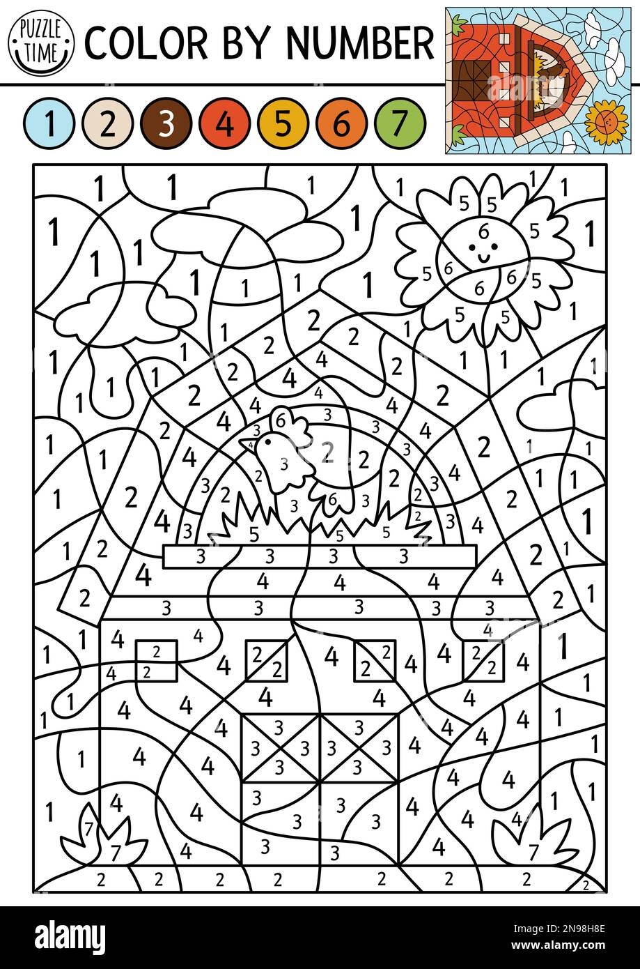 Vector On The Farm Color By Number Activity With Red Barn Rural Country Scene Black And White Counting Game With Farm House Coloring Page For Kids W Stock Vector Image Art 