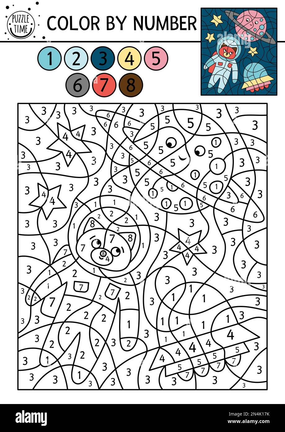 Vector Space Color By Number Activity With Astronaut Planet UFO Astronomy Coloring And Counting Game With Cute Cosmonaut Stars Funny Cosmos Color Stock Vector Image Art Alamy