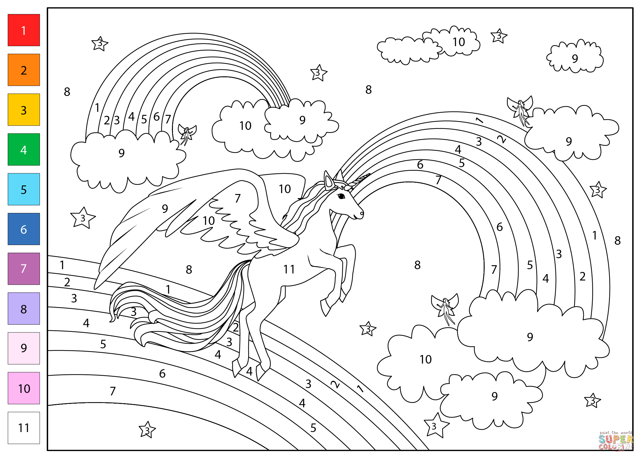 Winged Unicorn And Rainbow Color By Number Coloring Page Free Printable