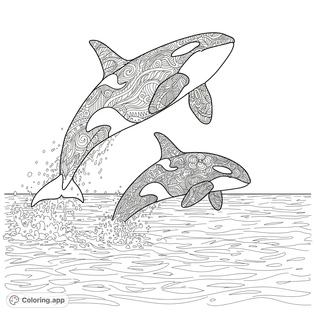 Zentangle Orcas Leaping Ocean Coloring app