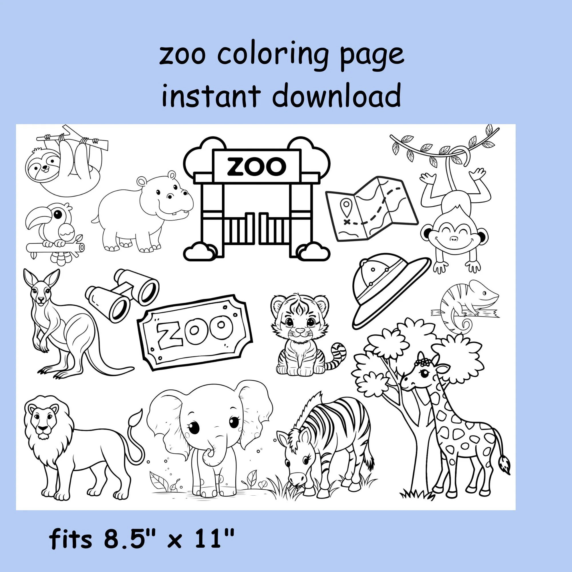 Zoo Animals Coloring Page Safari Theme PDF Download Etsy Israel